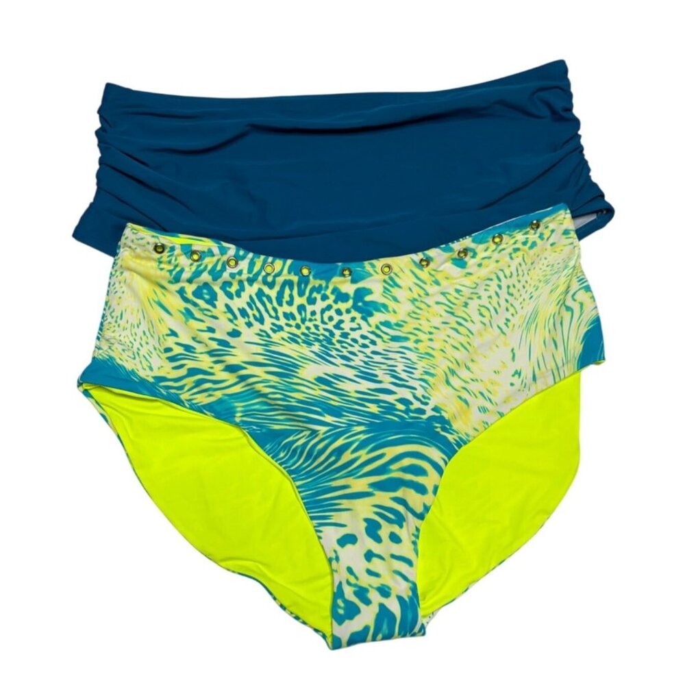 High Waisted Swim Bikini Bottoms 2 Pack Size 3X Blue and Neon Animal Print New